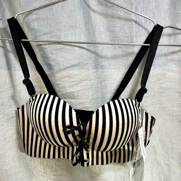 RETRO Bras Brassiere Women 32B Push Up Pads Unlined Pink/Blk Striped Convertable - Picture 1 of 16